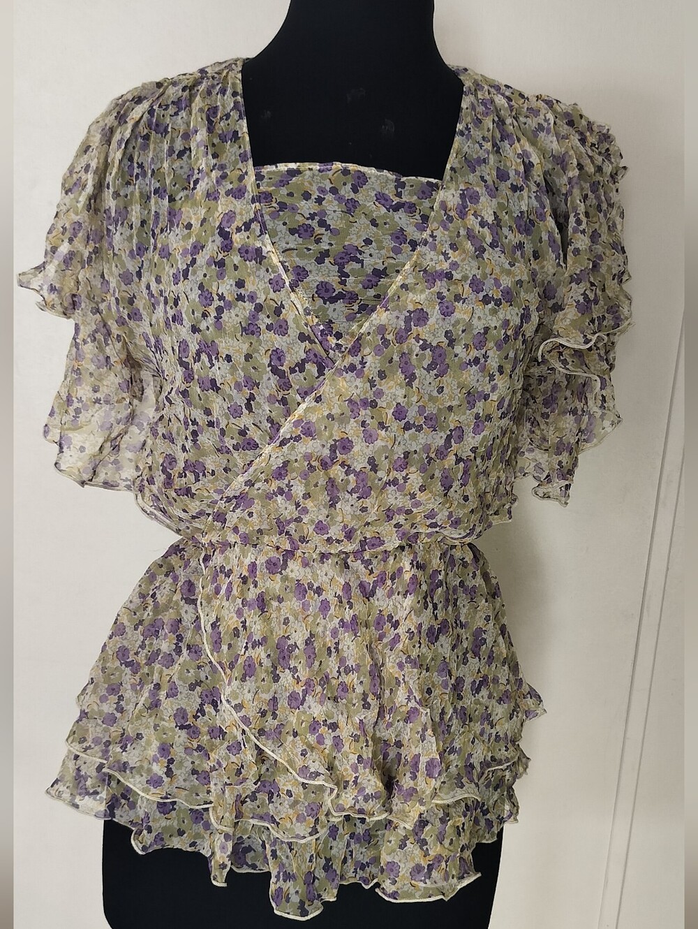 Amanda Uprichard Lavender Floral Tiered Wrap Blouse